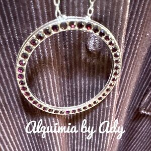 Huge silver and garnet pendant extra long necklace 36”